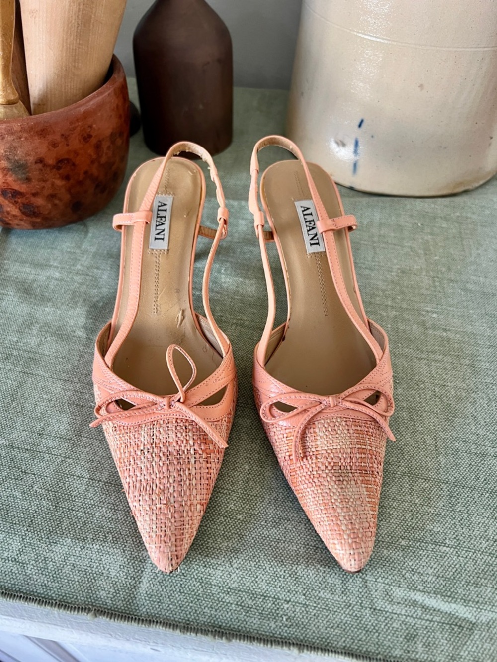 Alfani Peach Woven Pointed-Toe Slingback Heels